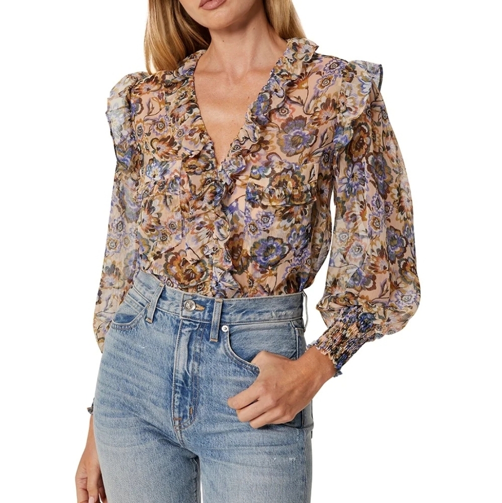 Misa Los Angeles Sacha ruffle chiffon Long-Sleeve Blouse -Sketched Floral Size S